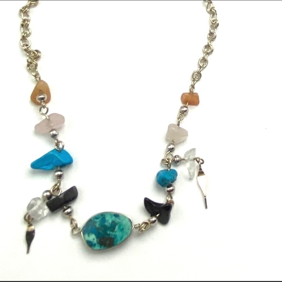 Artisan Gemstone Chrysocolla Onyx Turquoise Quartz Silver Chain Anklet Bracelet - Picture 4 of 13